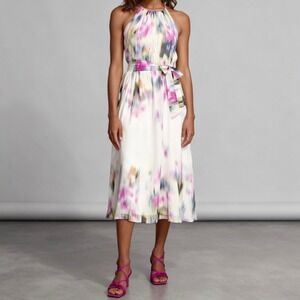 DKNY Printed Halter Tie-Waist Midi Dress Watercolor Resort Wear Occasion Size 10